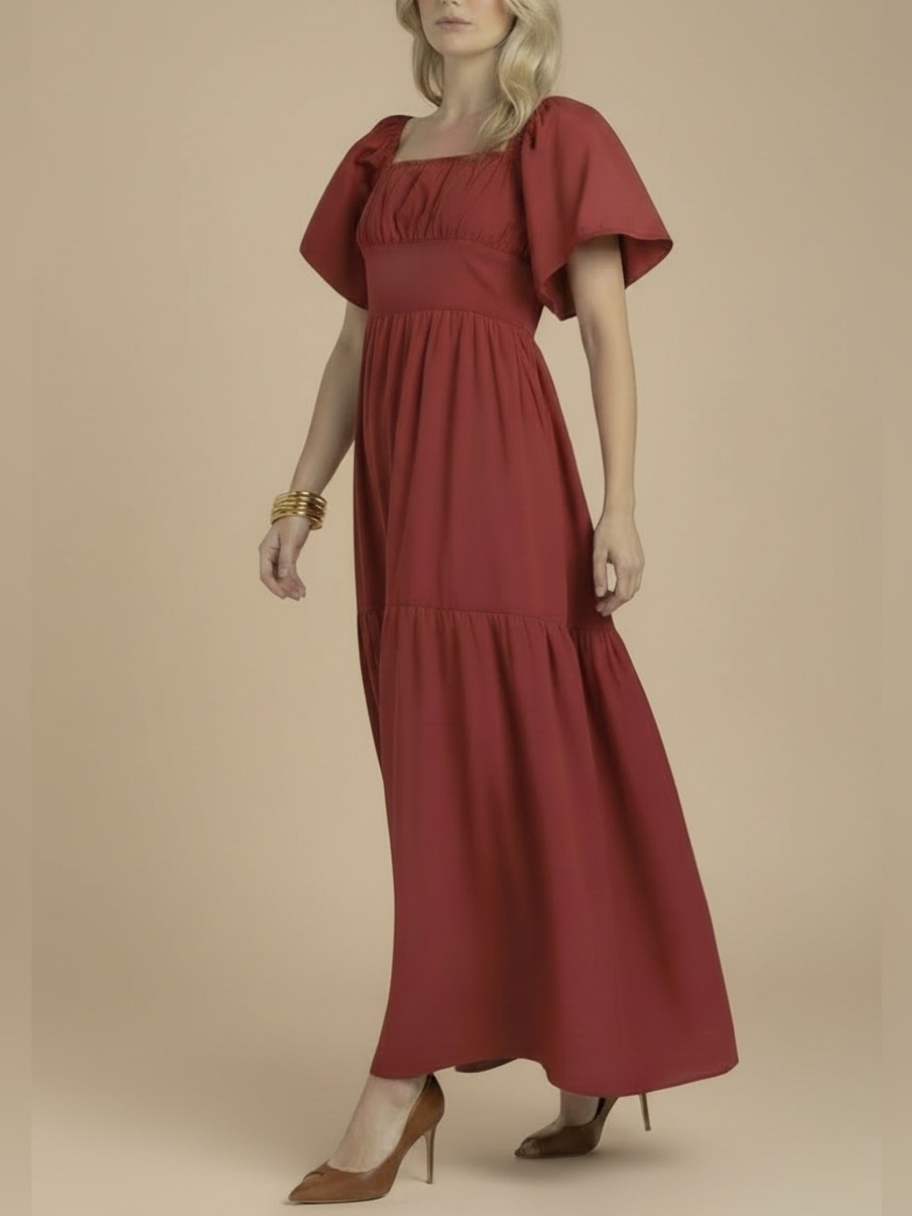 NWT BEYOND WORDS Short Puff Sleeve Smocked Tied Back Tiered Maxi Dress